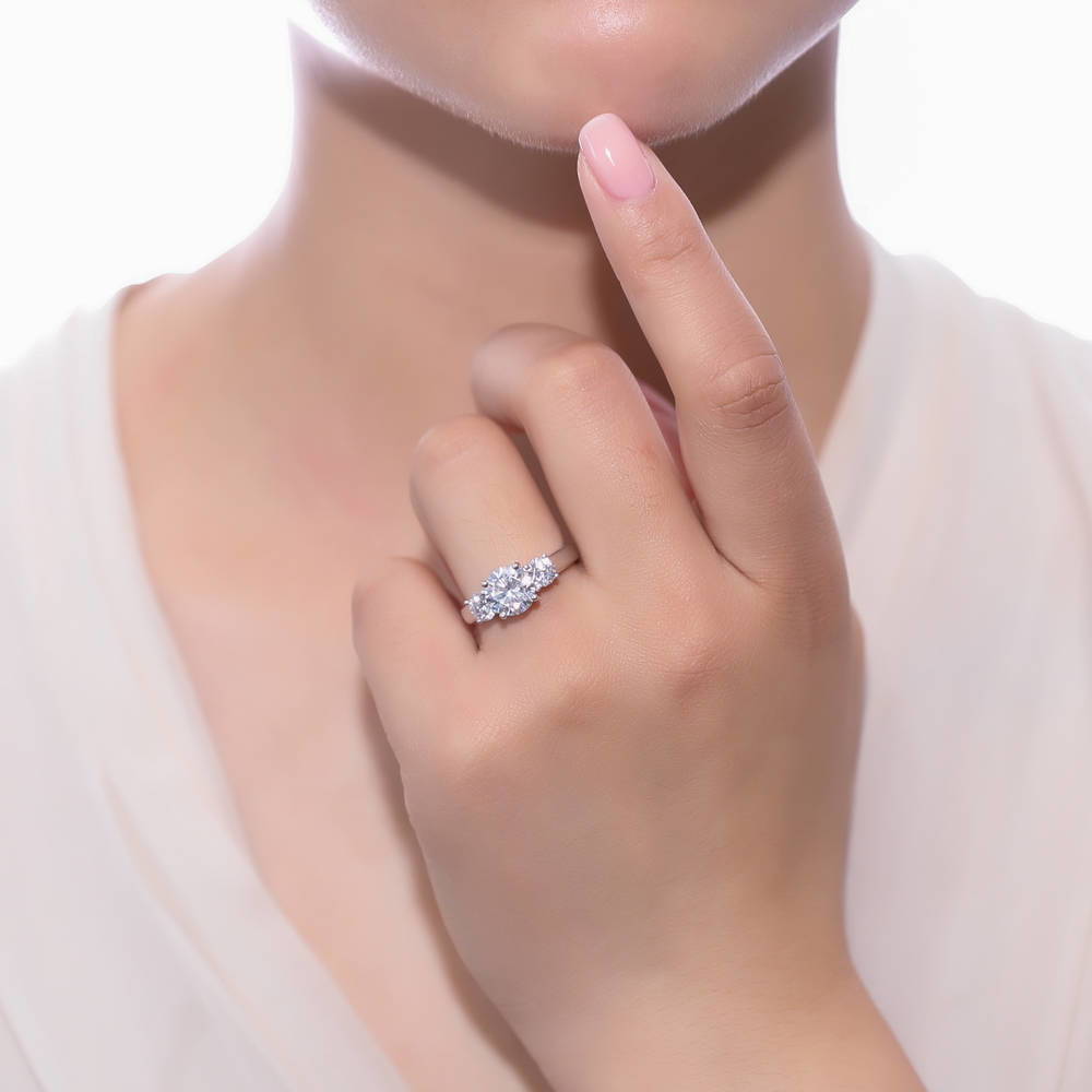 Model wearing 3-Stone Round CZ Ring Set in Sterling Silver, 8 of 11