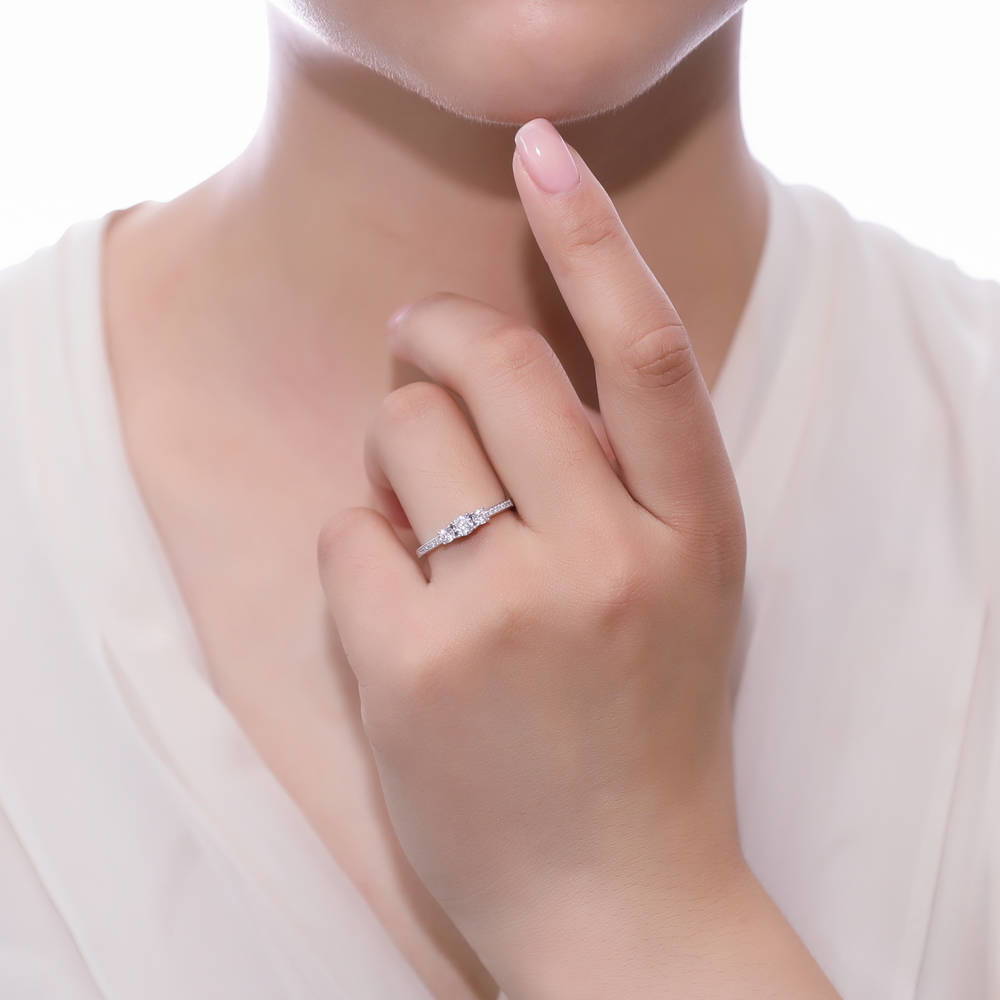 Model wearing 3-Stone Round CZ Ring in Sterling Silver, 3 of 6