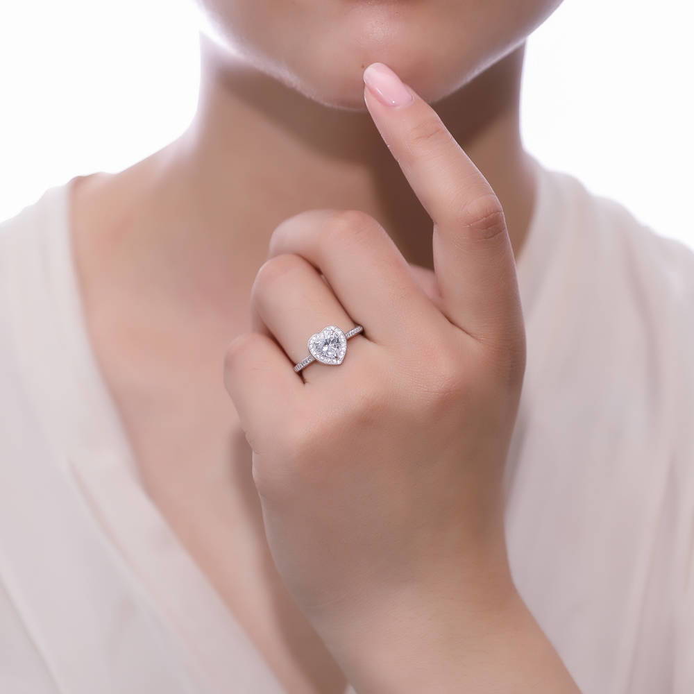 Halo Heart Heart CZ Ring Set in Sterling Silver