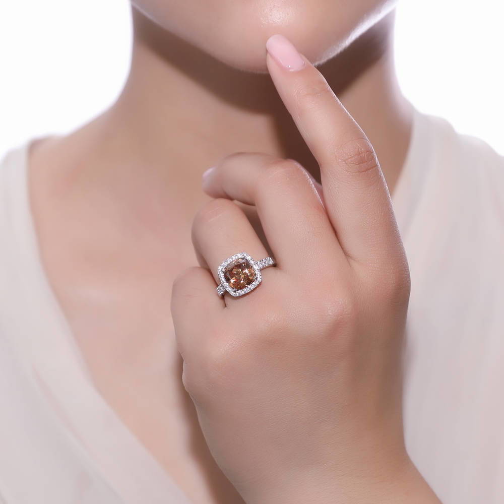 Halo Deep Champagne Cushion CZ Statement Ring in Sterling Silver