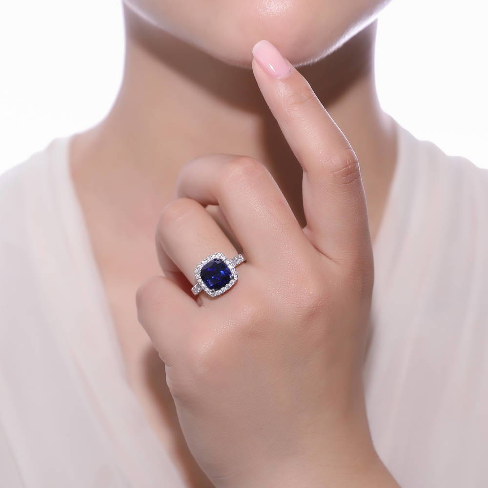 Halo Simulated Blue Sapphire Cushion CZ Ring in Sterling Silver