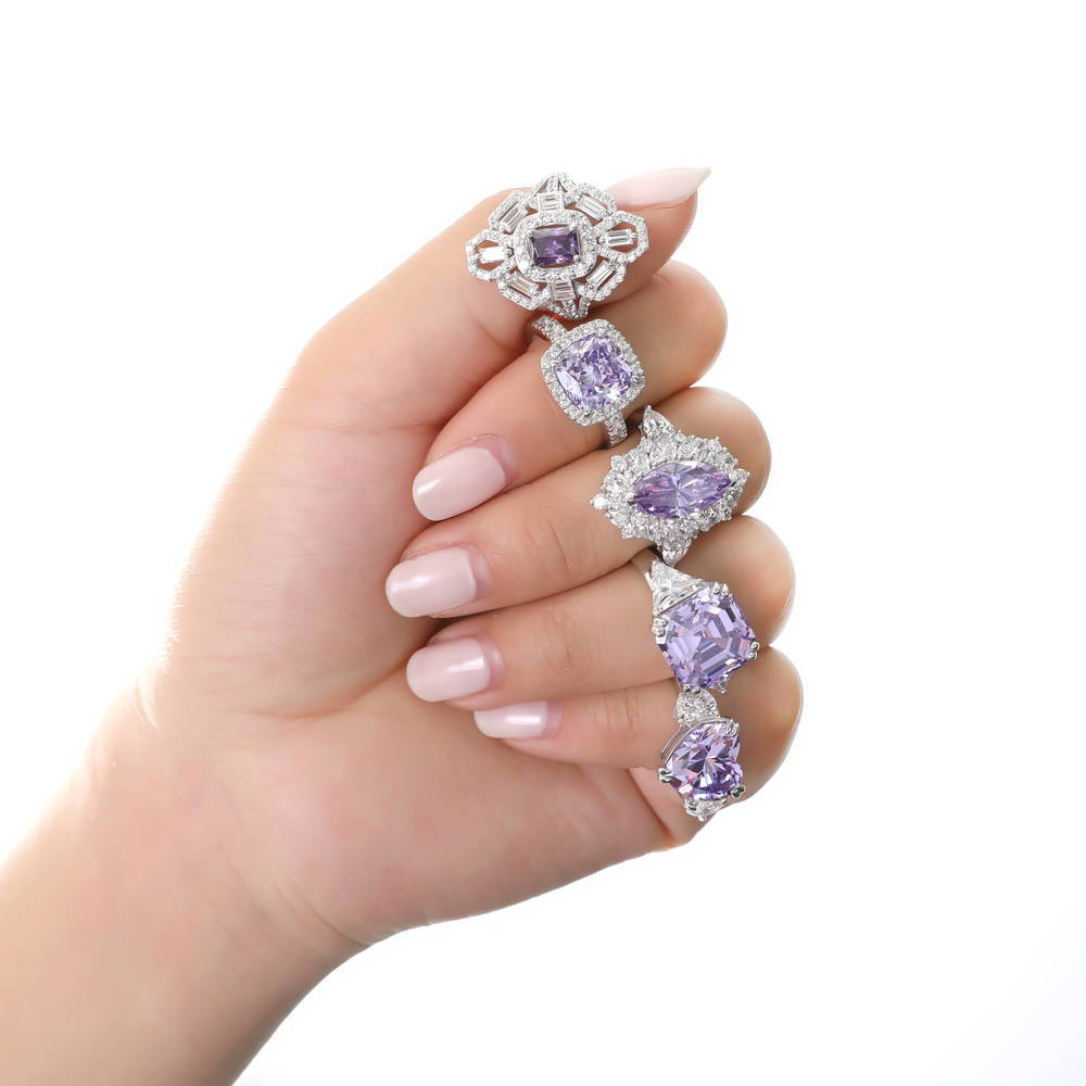 3-Stone 12.6ct Purple Asscher CZ Ring in Sterling Silver