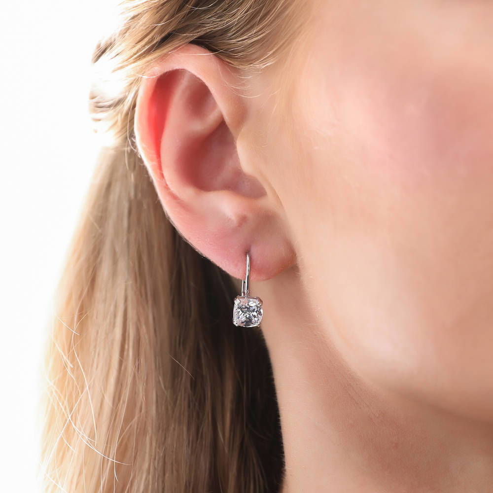 Solitaire 4ct Cushion CZ Leverback Dangle Earrings in Sterling Silver