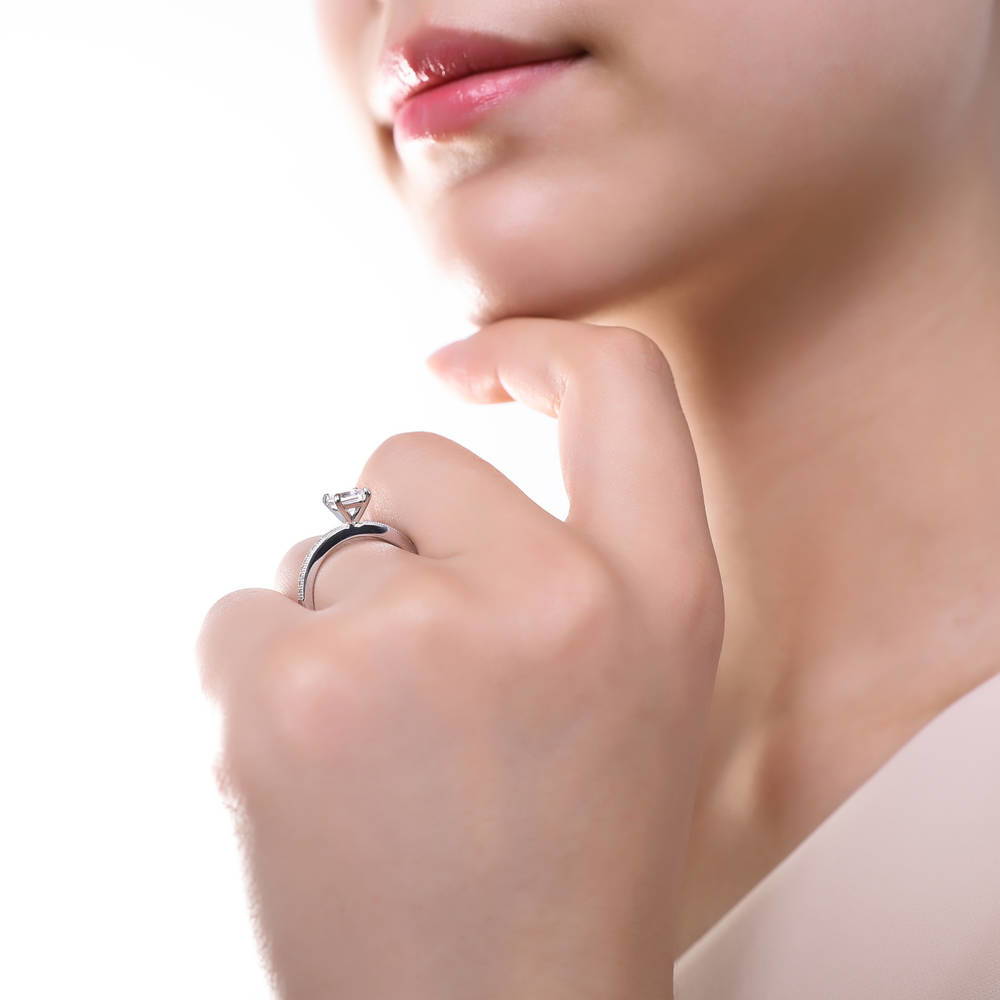 Model wearing Solitaire 1ct Round CZ Ring Set in Sterling Silver, 8 of 9
