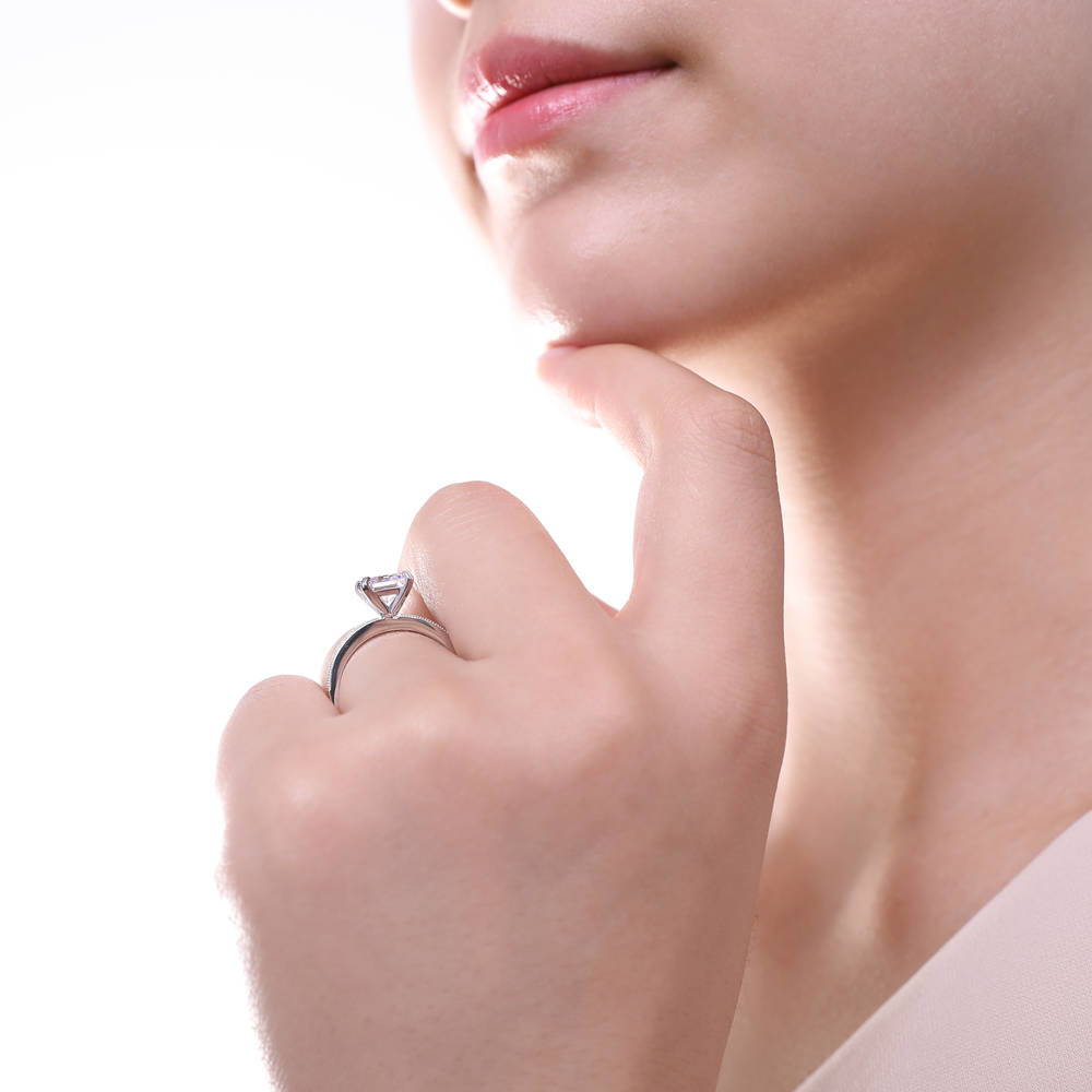 Model wearing Solitaire 1ct Princess CZ Ring Set in Sterling Silver, 8 of 9
