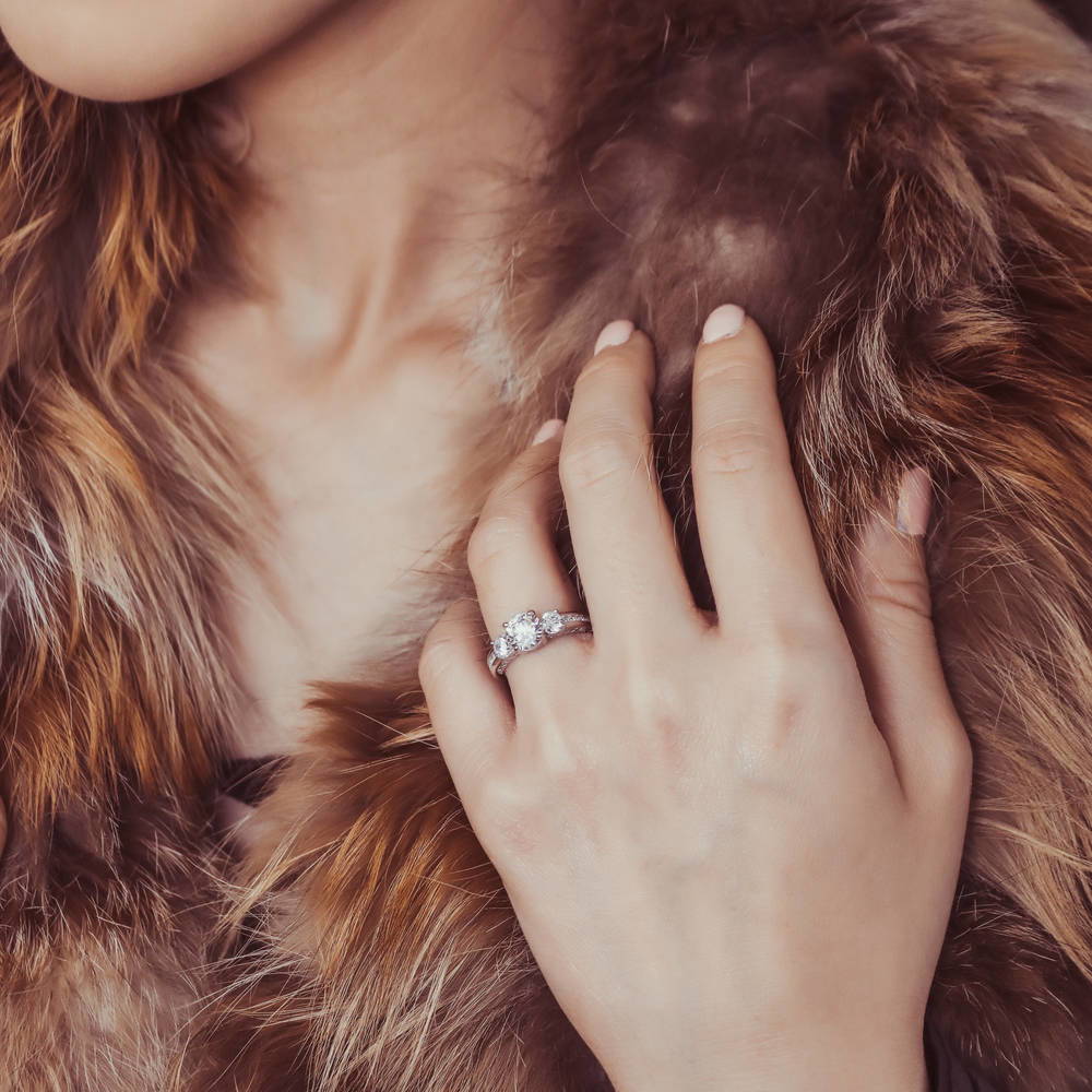 Model wearing 3-Stone Round CZ Ring Set in Sterling Silver, 11 of 17