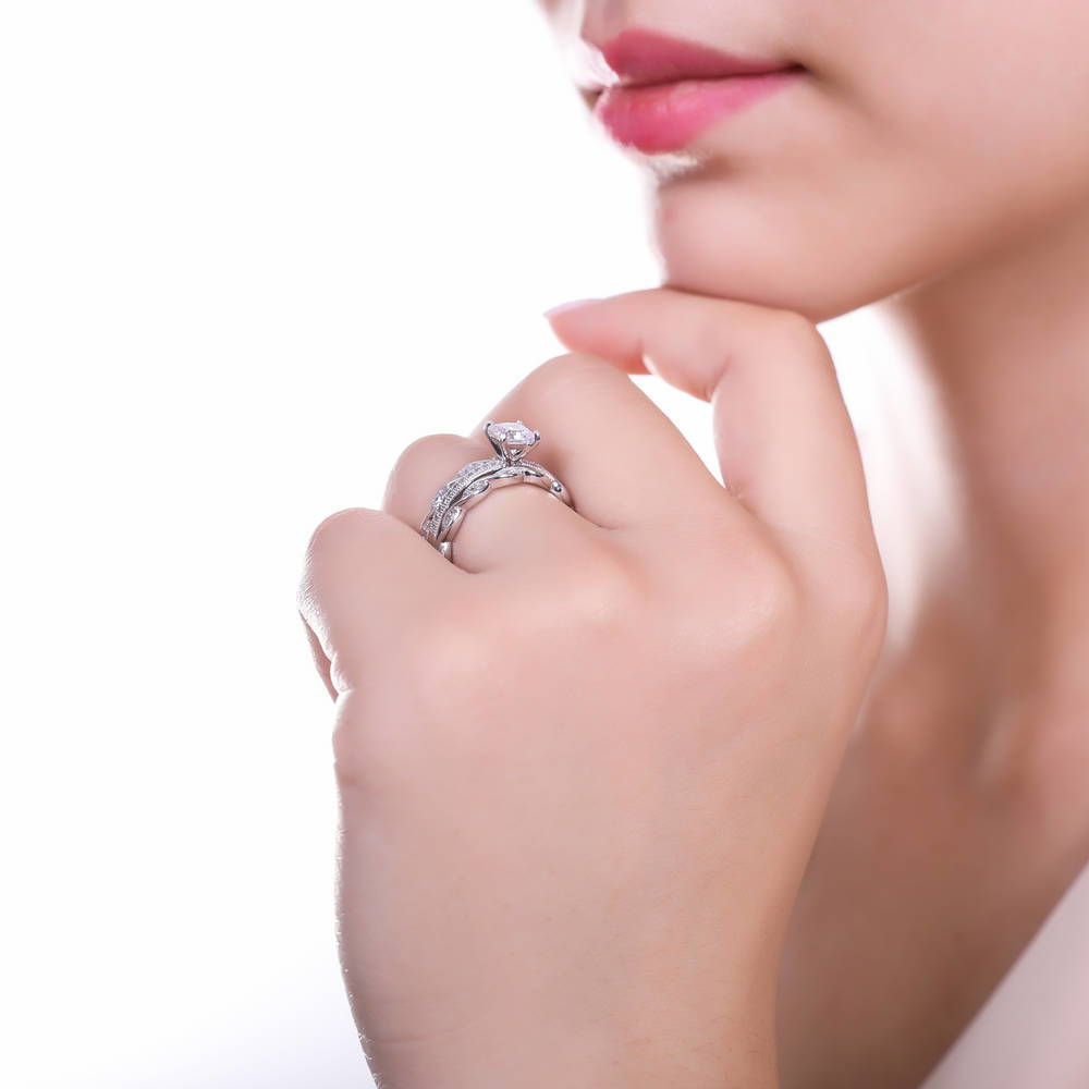 Model wearing Solitaire 1ct Princess CZ Ring Set in Sterling Silver, 5 of 9