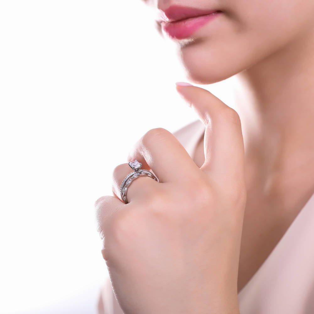 Solitaire 1ct Emerald Cut CZ Ring Set in Sterling Silver