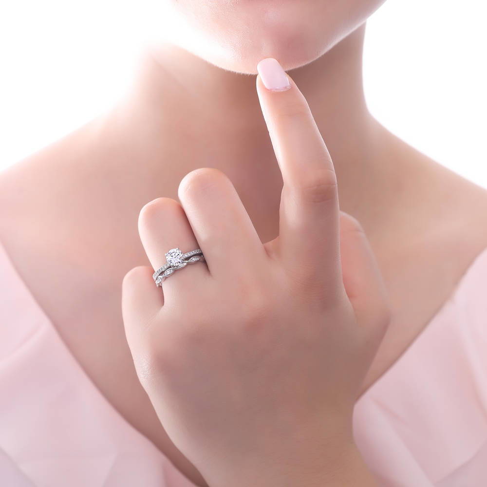 Model wearing Solitaire 1ct Round CZ Ring Set in Sterling Silver, 2 of 9