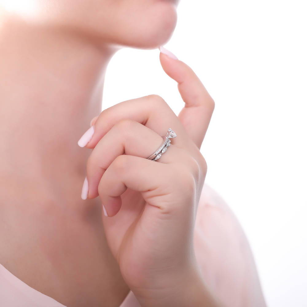 Model wearing Solitaire 1ct Round CZ Ring Set in Sterling Silver, 5 of 9