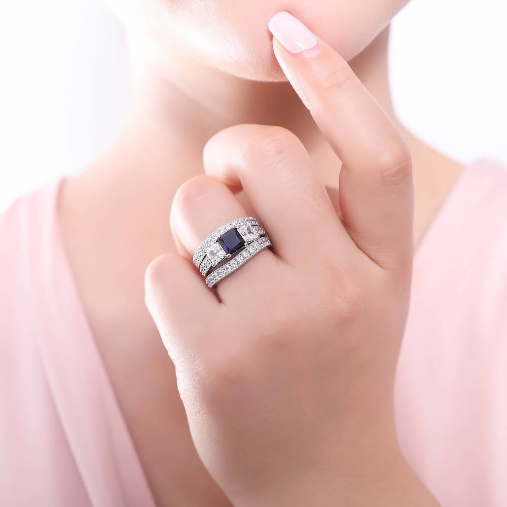 3-Stone Simulated Blue Sapphire Princess CZ Ring Set in Sterling Silver