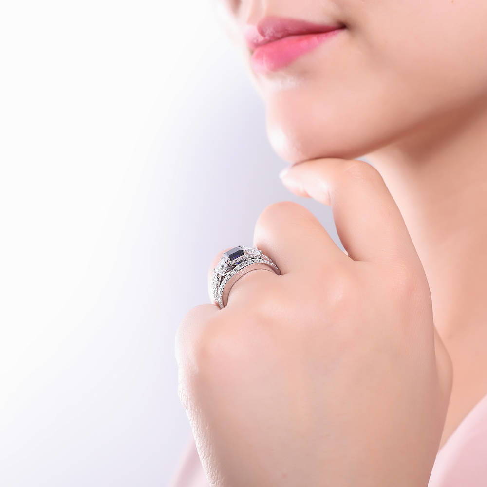 3-Stone Sapphire-Blue Princess CZ Ring Set in Sterling Silver