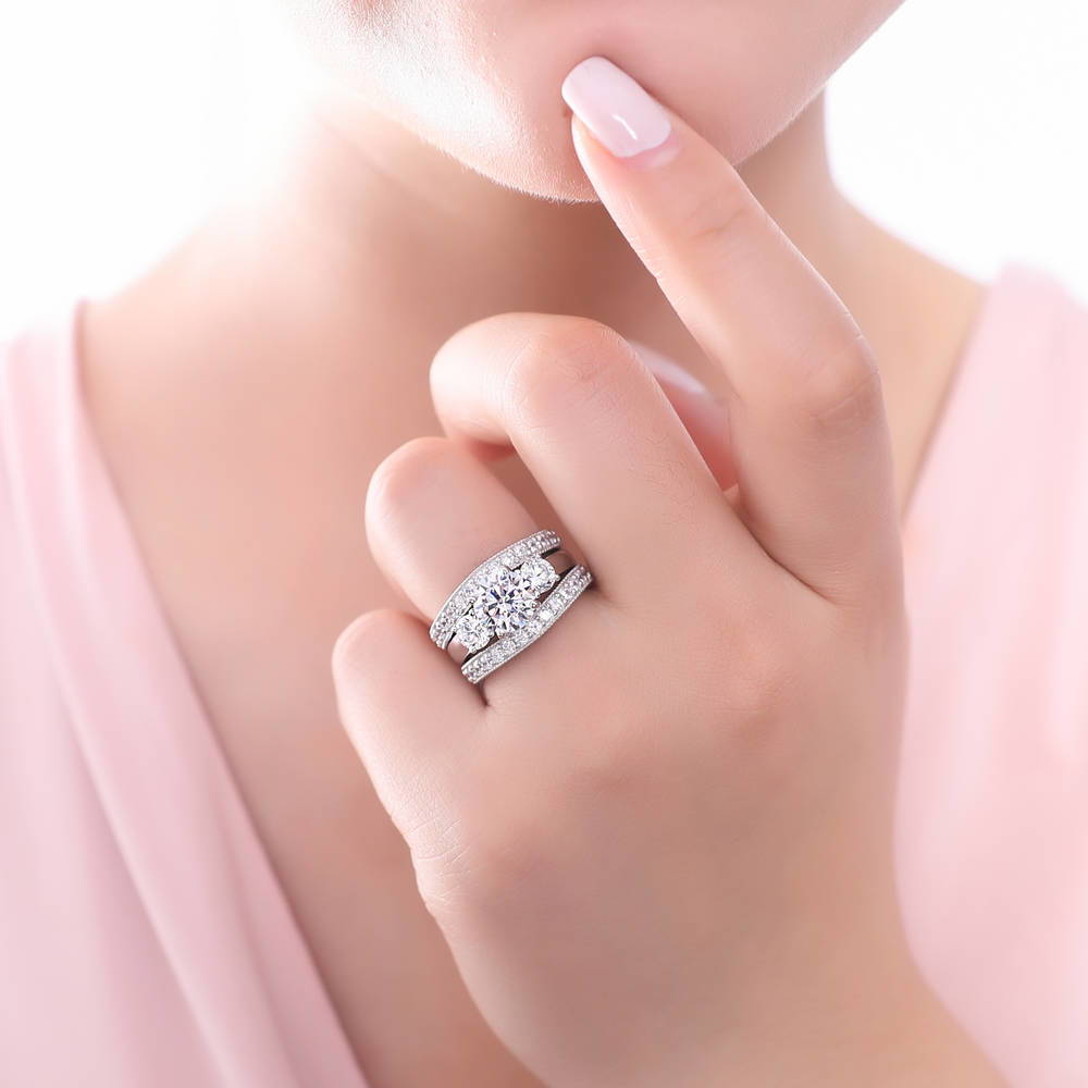 Model wearing 3-Stone Round CZ Ring Set in Sterling Silver, 2 of 11
