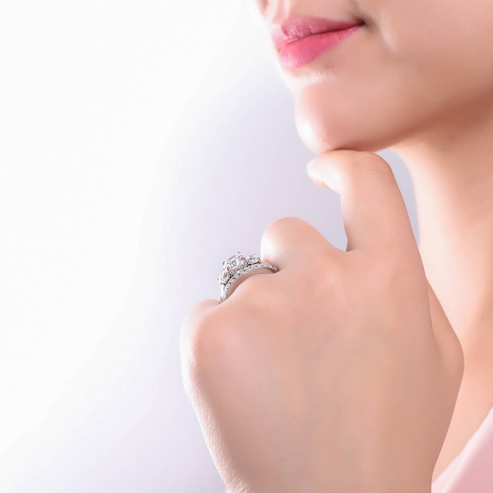 Model wearing 3-Stone Round CZ Ring Set in Sterling Silver, 5 of 11