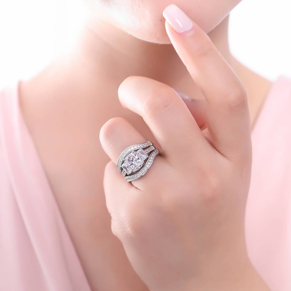 3-Stone 2.6ct Cushion CZ Ring Set in Sterling Silver