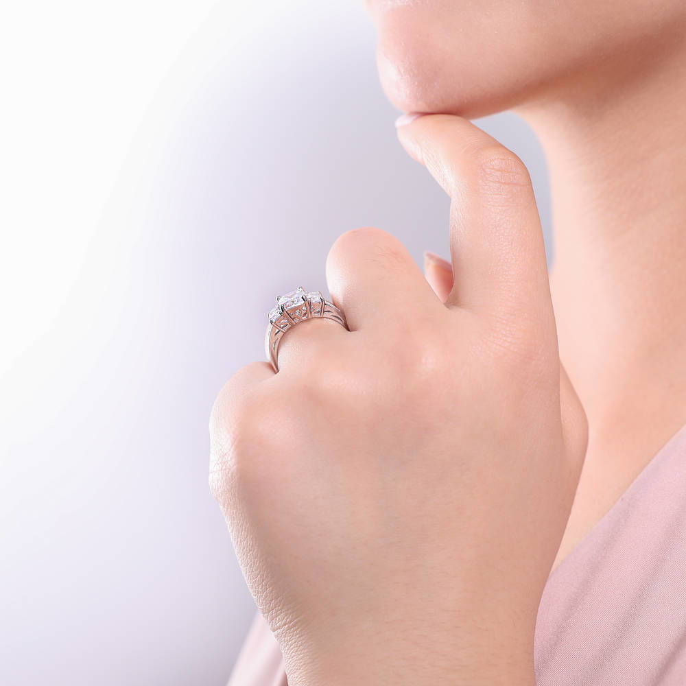 Model wearing 3-Stone Cushion CZ Ring in Sterling Silver, 8 of 9