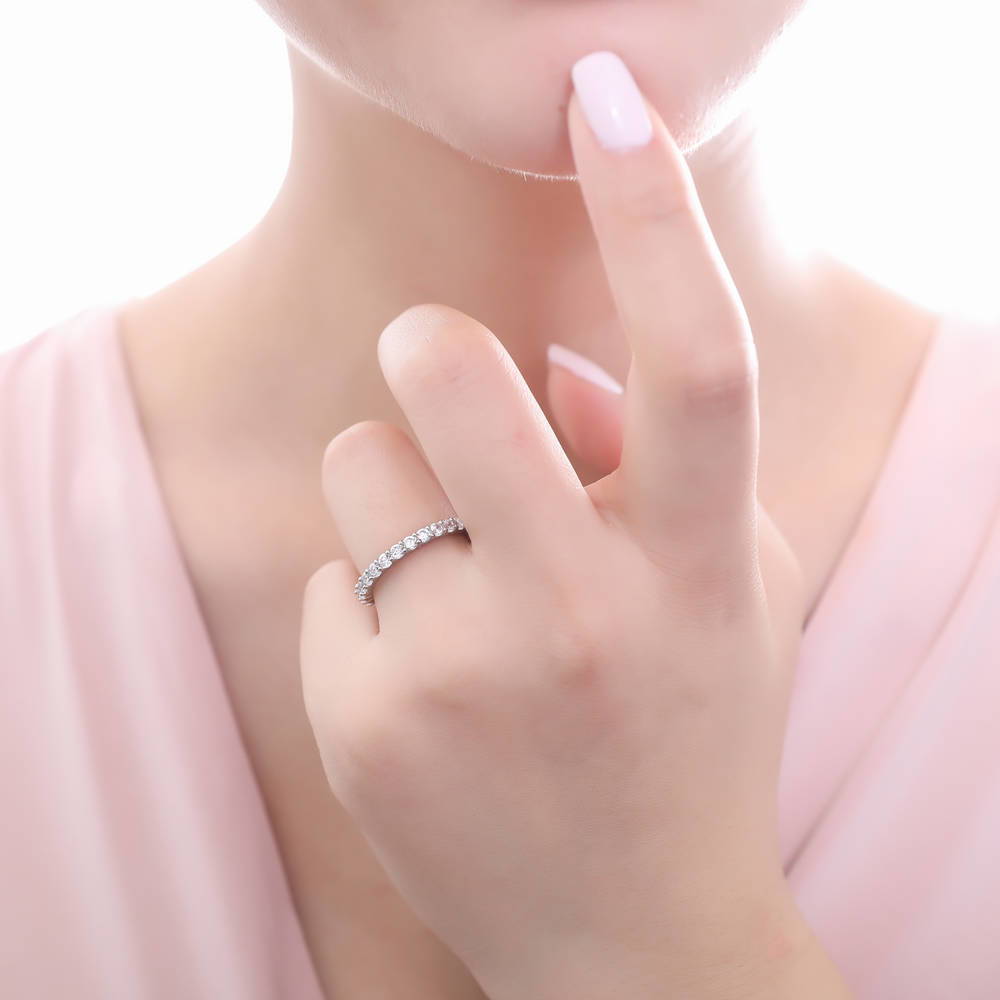 Model wearing Bubble Pave Set CZ Eternity Ring Set in Sterling Silver, 7 of 11