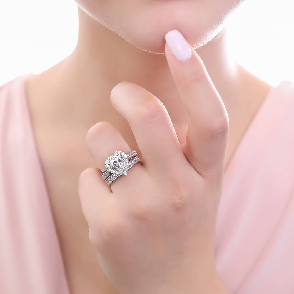 Halo Heart Heart CZ Ring Set in Sterling Silver