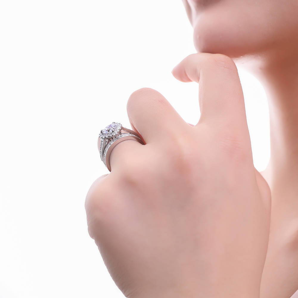 Halo Heart Heart CZ Ring Set in Sterling Silver