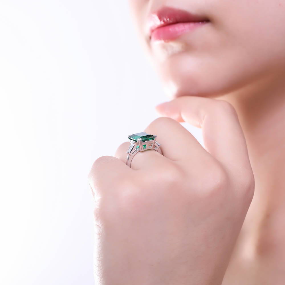 Solitaire Emerald-Green Emerald Cut CZ Ring in Sterling Silver