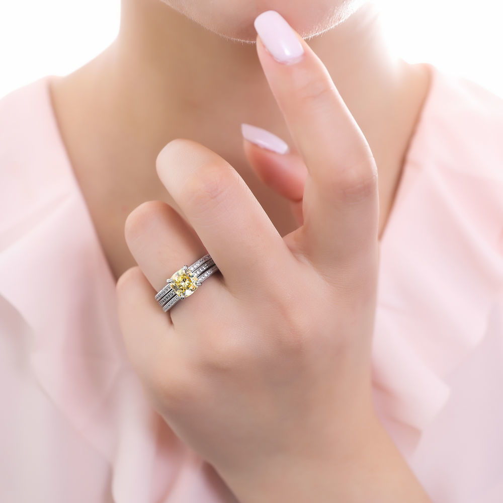 Solitaire Canary Yellow Cushion CZ Ring Set in Sterling Silver