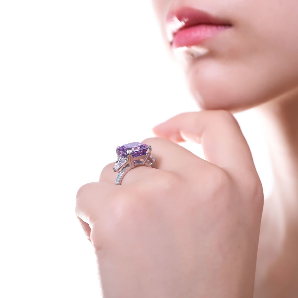 3-Stone 12.6ct Purple Asscher CZ Ring in Sterling Silver