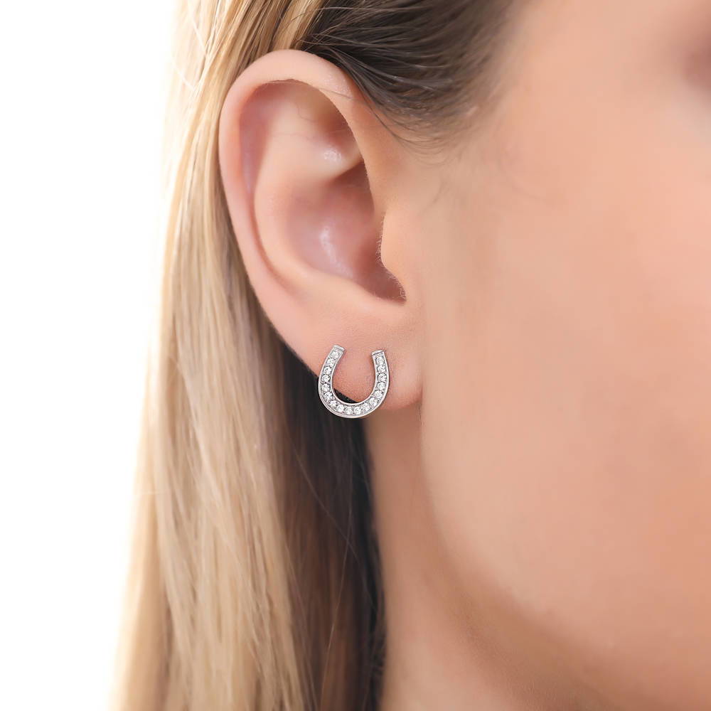 Horseshoe CZ Stud Earrings in Sterling Silver