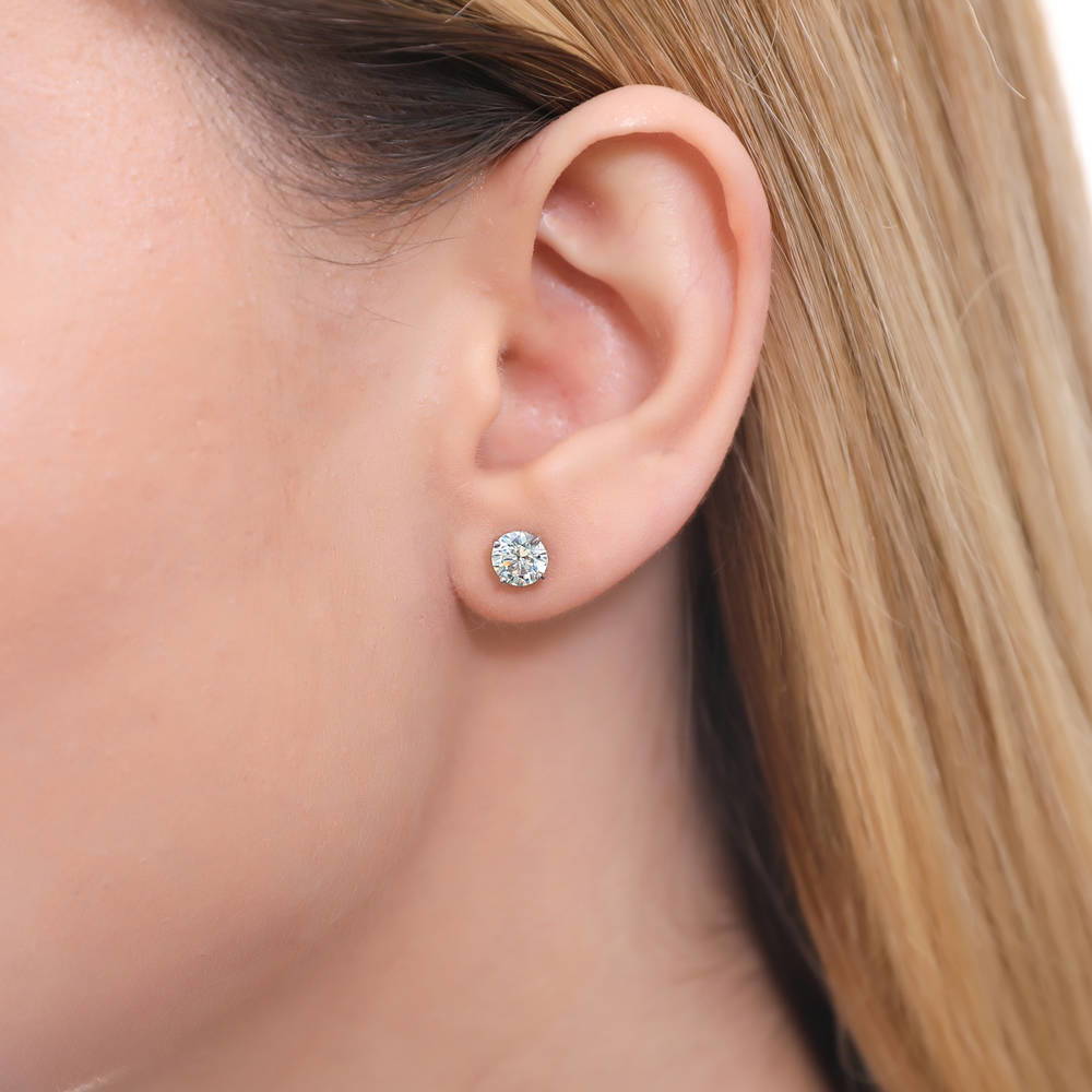 Model wearing Solitaire Round CZ Stud Earrings in Sterling Silver 1.6ct, 2 of 12