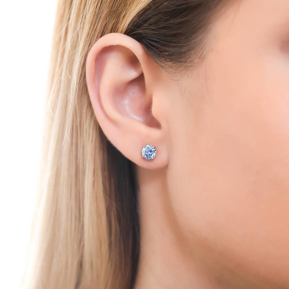Model wearing Solitaire Round CZ Stud Earrings in Sterling Silver 1.6ct, 3 of 12