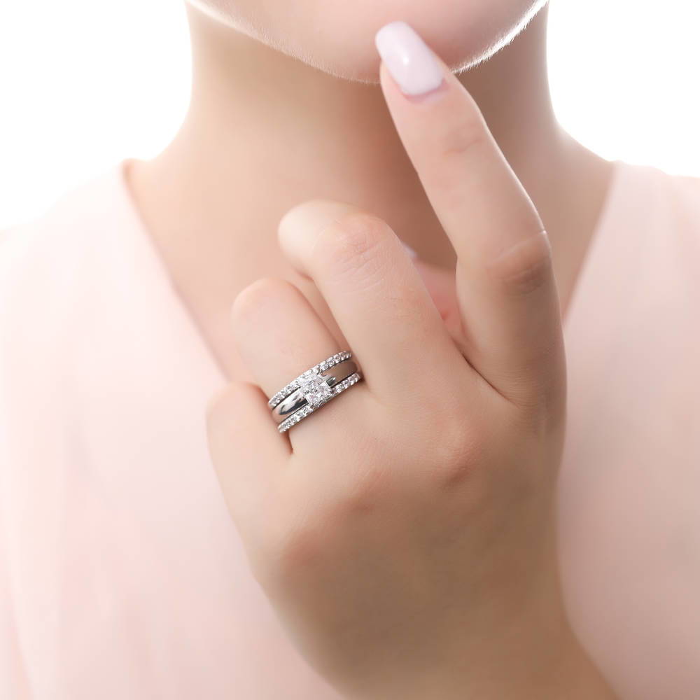 Model wearing Solitaire 1.2ct Princess CZ Ring Set in Sterling Silver, 2 of 10