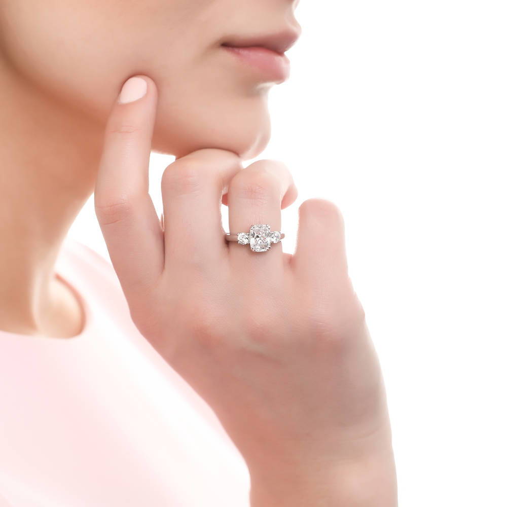 Model wearing 3-Stone Cushion CZ Ring in Sterling Silver, 2 of 5