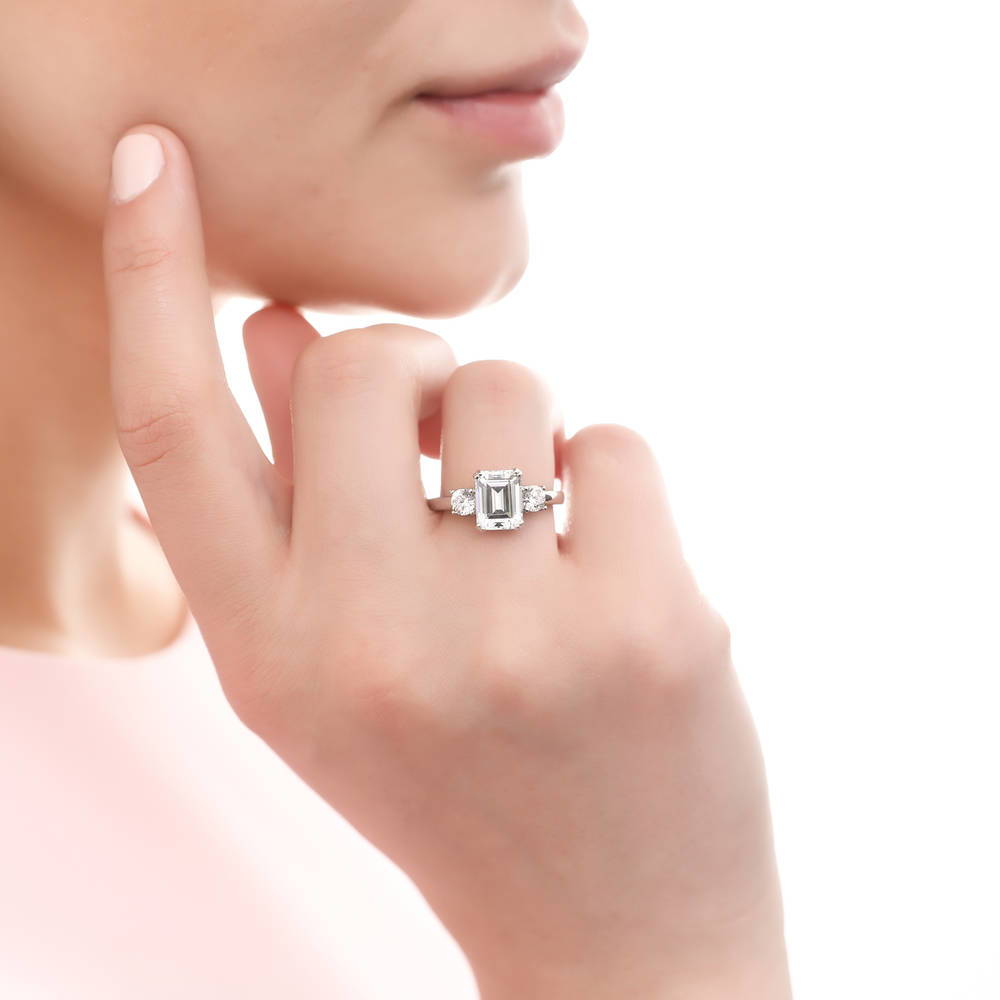 3-Stone Emerald Cut CZ Ring in Sterling Silver