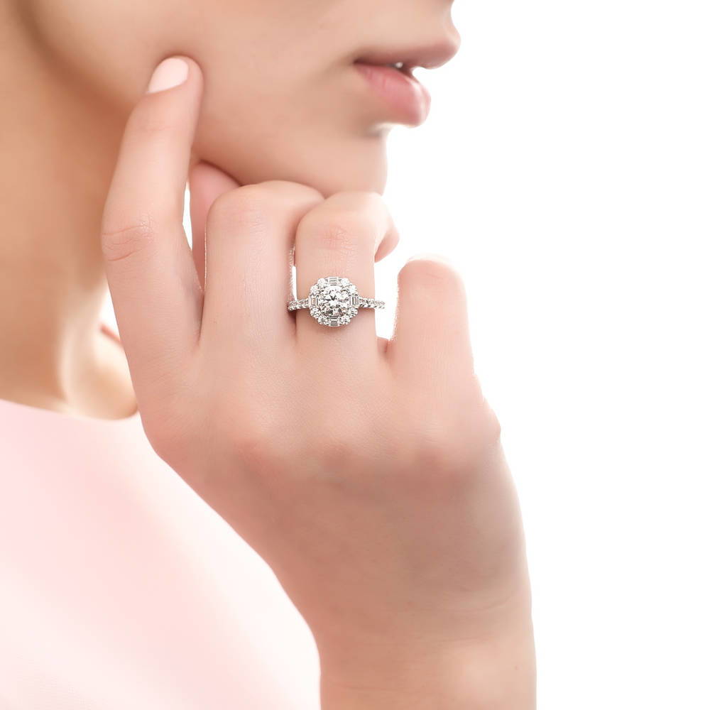 Halo Art Deco Round CZ Ring in Sterling Silver