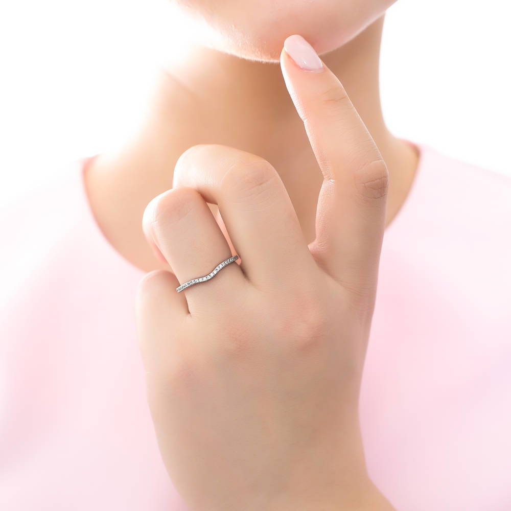Model wearing Solitaire 1ct Round CZ Ring Set in Sterling Silver, 12 of 14
