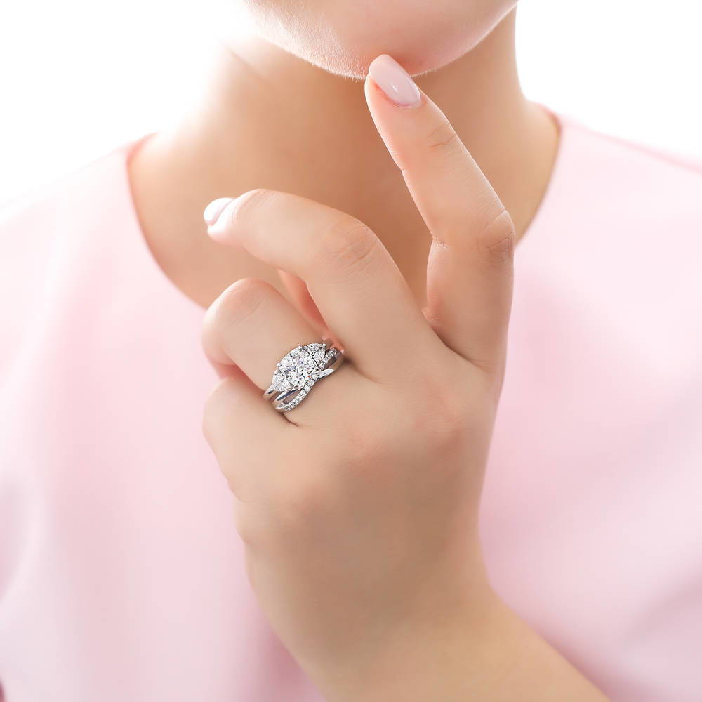 Model wearing 3-Stone Criss Cross Cushion CZ Ring Set in Sterling Silver, 2 of 13