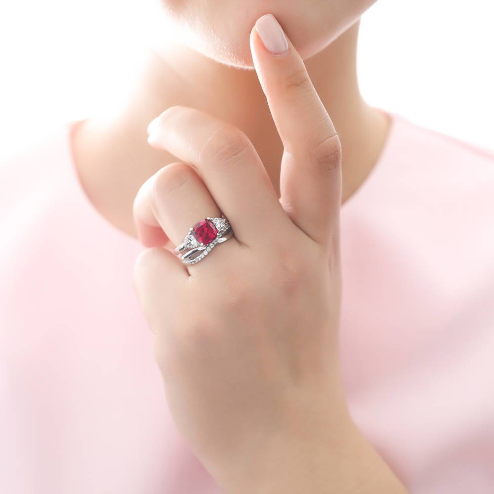 3-Stone Criss Cross 3ct Ruby-Red CZ Ring Set in Sterling Silver