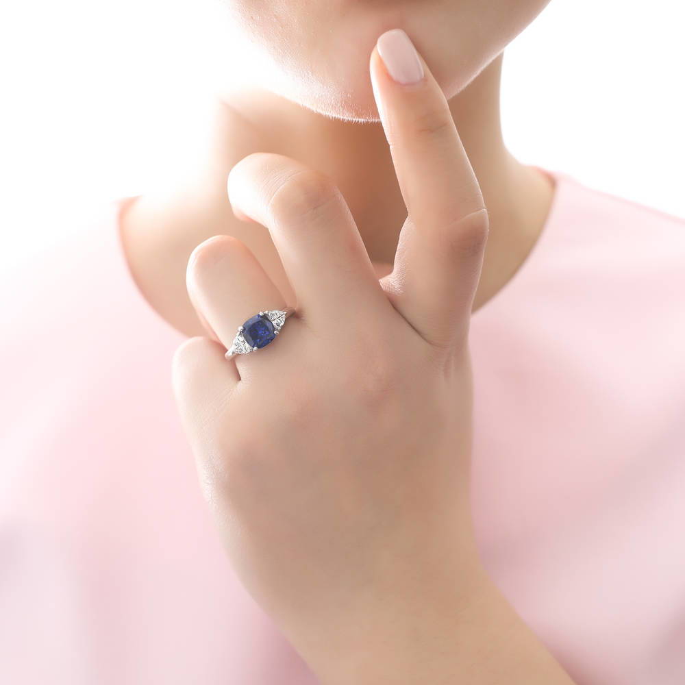 3-Stone 3ct Sapphire-Blue Cushion CZ Ring in Sterling Silver