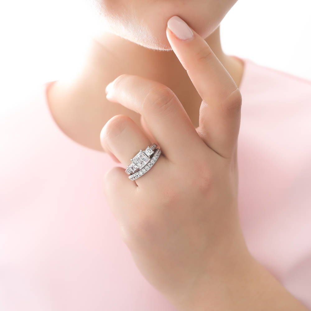 3-Stone 2ct Princess CZ Ring Set in Sterling Silver