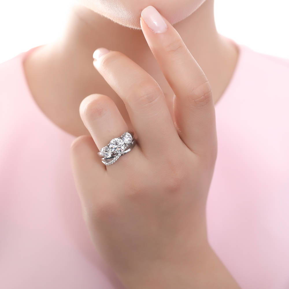 3-Stone Infinity Criss Cross 2ct CZ Ring Set in Sterling Silver