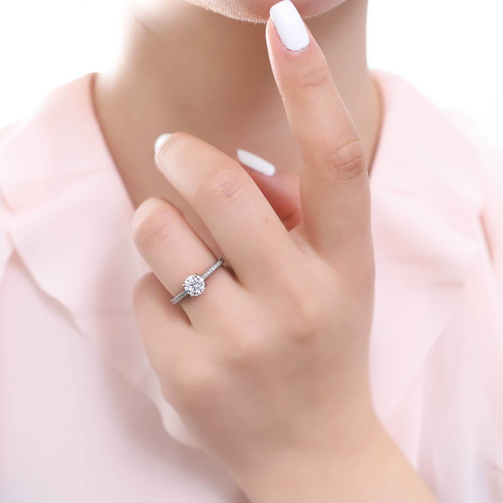 Model wearing Solitaire 1ct Round CZ Ring Set in Sterling Silver, 12 of 16