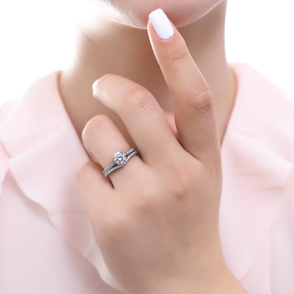 Model wearing Solitaire 1ct Round CZ Ring Set in Sterling Silver, 5 of 16