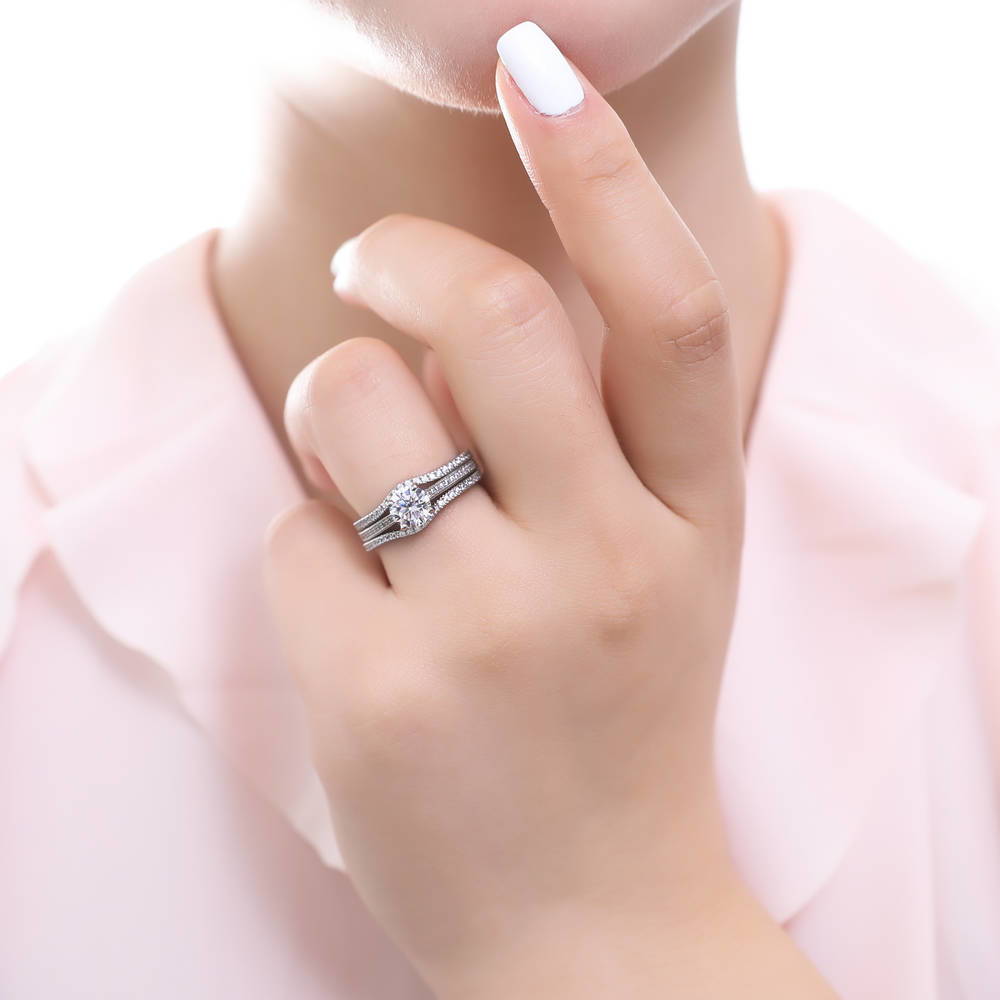Model wearing Solitaire 1ct Round CZ Ring Set in Sterling Silver, 5 of 14