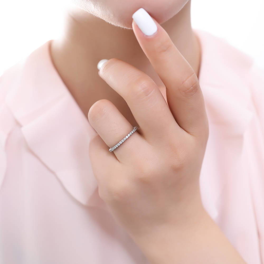 Model wearing Solitaire 1.8ct Pear CZ Ring Set in Sterling Silver, 12 of 14