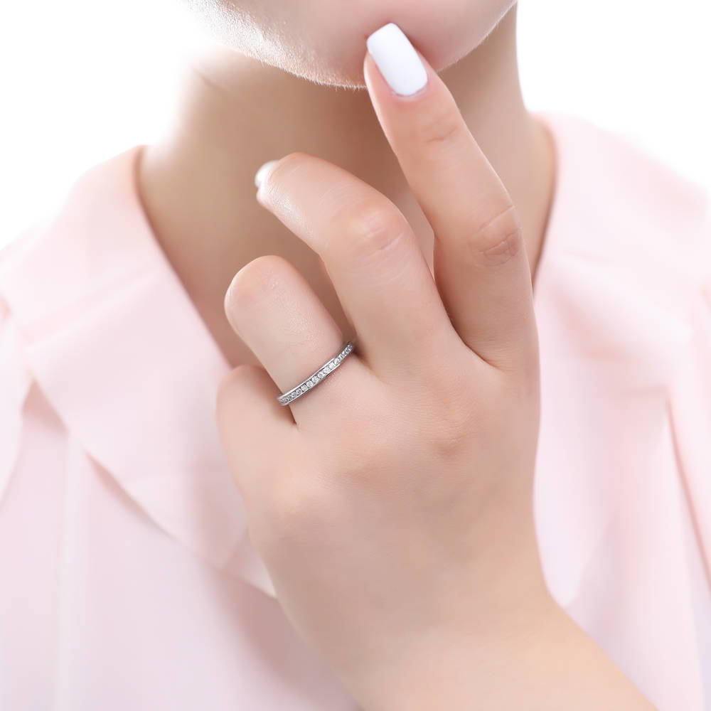 Model wearing 3-Stone Round CZ Ring Set in Sterling Silver, 12 of 12