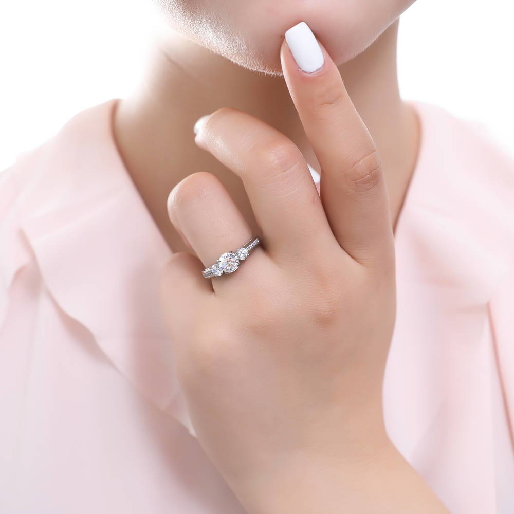 Model wearing 3-Stone Round CZ Ring Set in Sterling Silver, 10 of 17