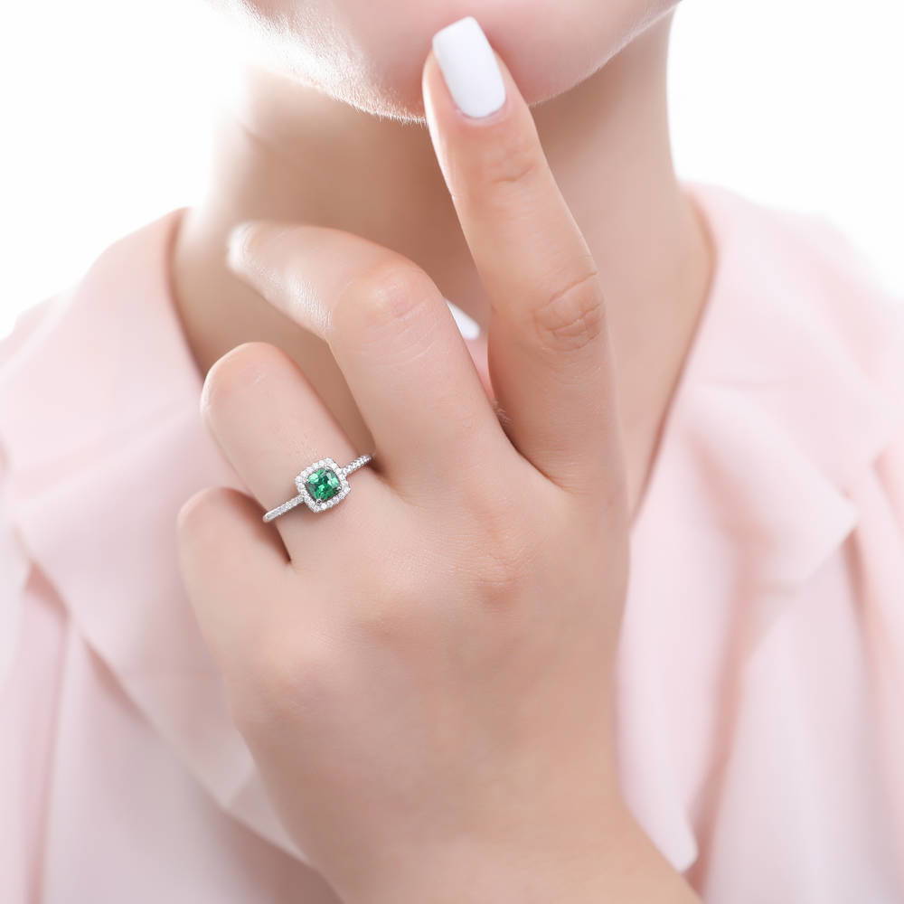 Halo Simulated Emerald Cushion CZ Ring Set in Sterling Silver