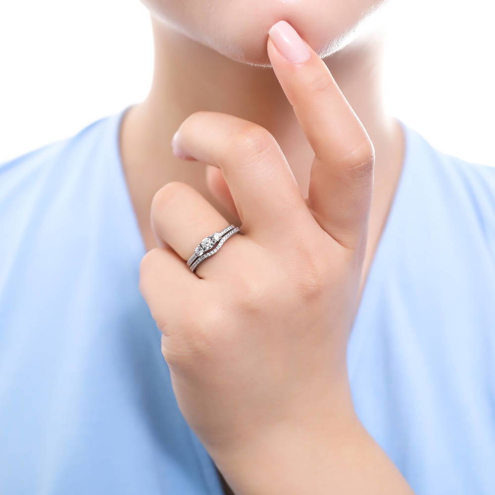 3-Stone Round CZ Ring Set in Sterling Silver