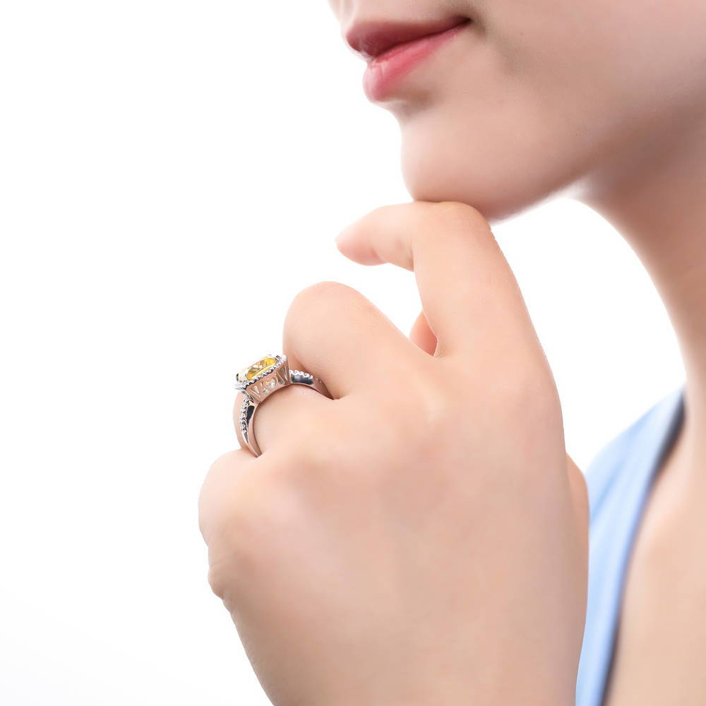 Halo Canary Yellow Cushion CZ Ring in Sterling Silver