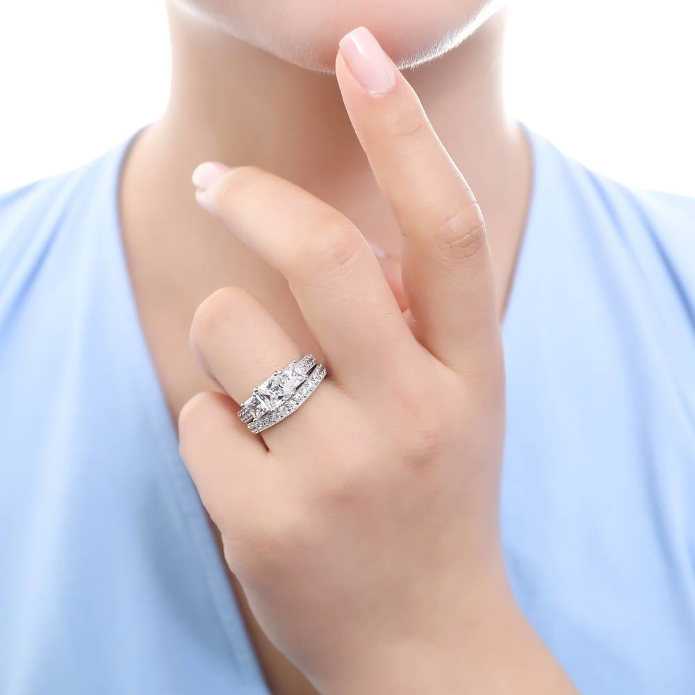 3-Stone 1.6ct Princess CZ Ring Set in Sterling Silver