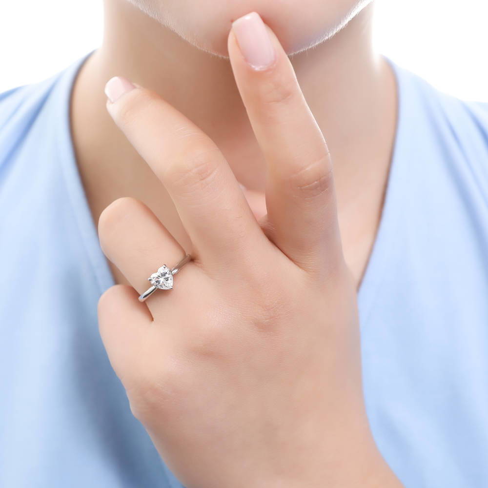 Model wearing Heart Solitaire CZ Ring Set in Sterling Silver, 3 of 7